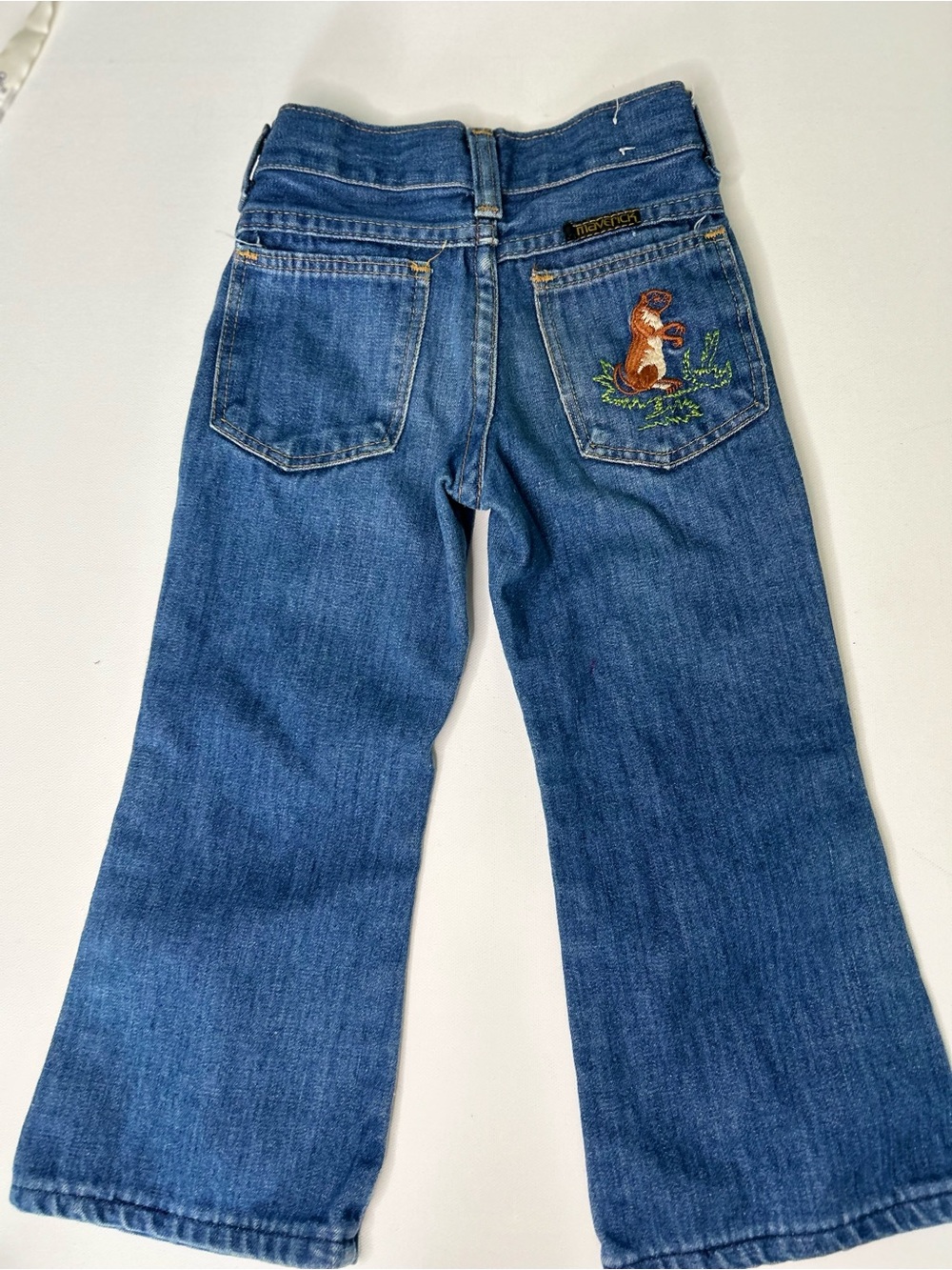 Vintage 70s Maverick Kids Bell Bottom Jeans Embroidered Squirrel Size 3 Slim